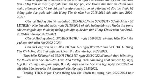 THÔNG BÁO THỰC HIỆN CÁC KHOẢN THU TỪ PHHS Năm học 2022 - 2023